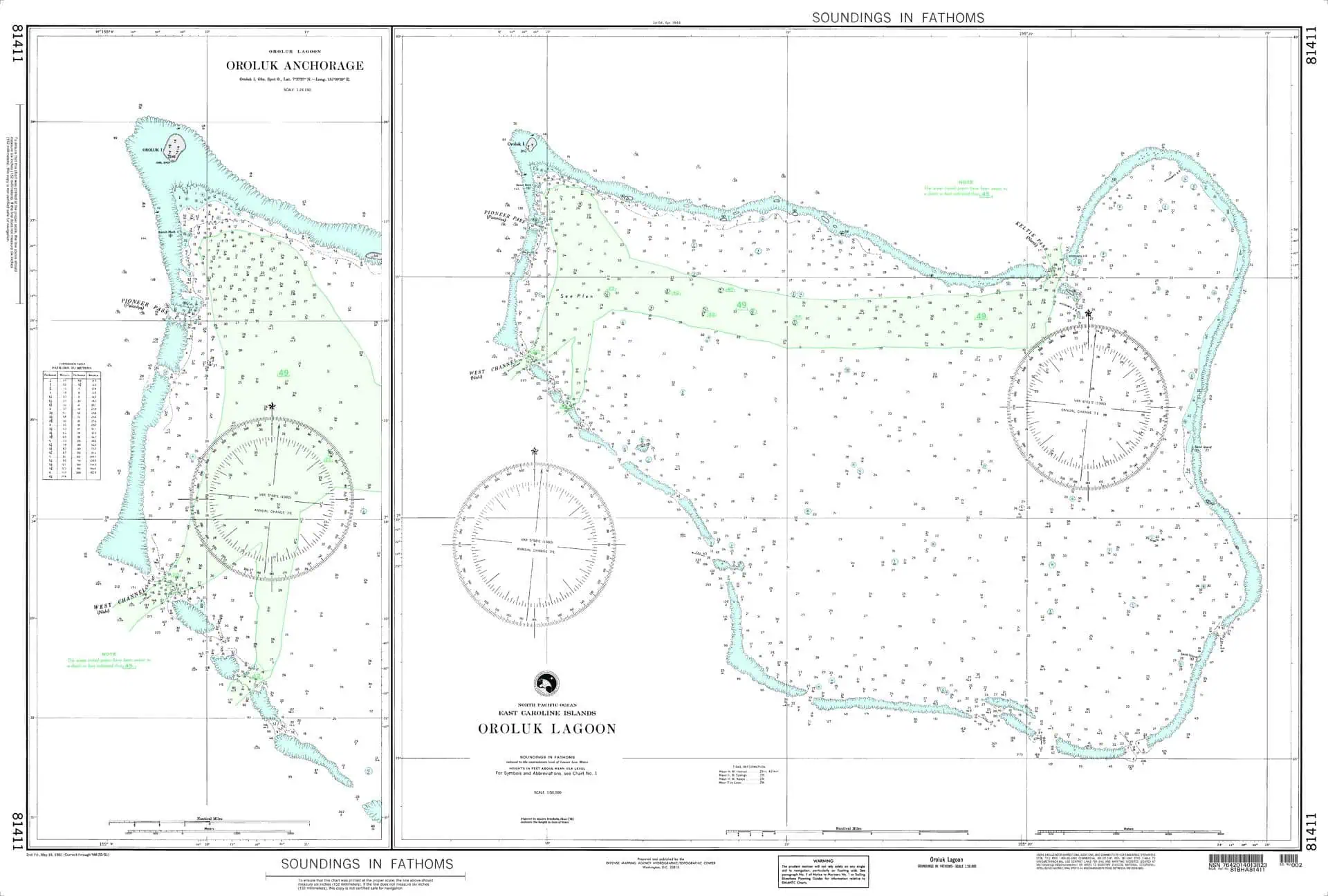 Oruluk Lagoon nautical chart with detailed depths and navigation information, perfect for marine navigation, boating, and sailing in the East Caroline Islands.