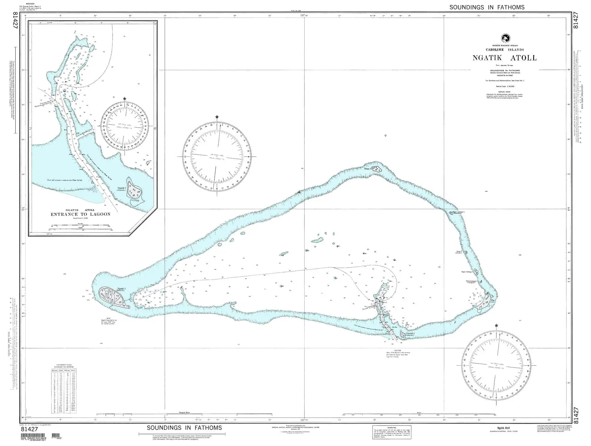 Nautical chart of Ngatik Atoll showing soundings and navigation information for safe mariner passage.