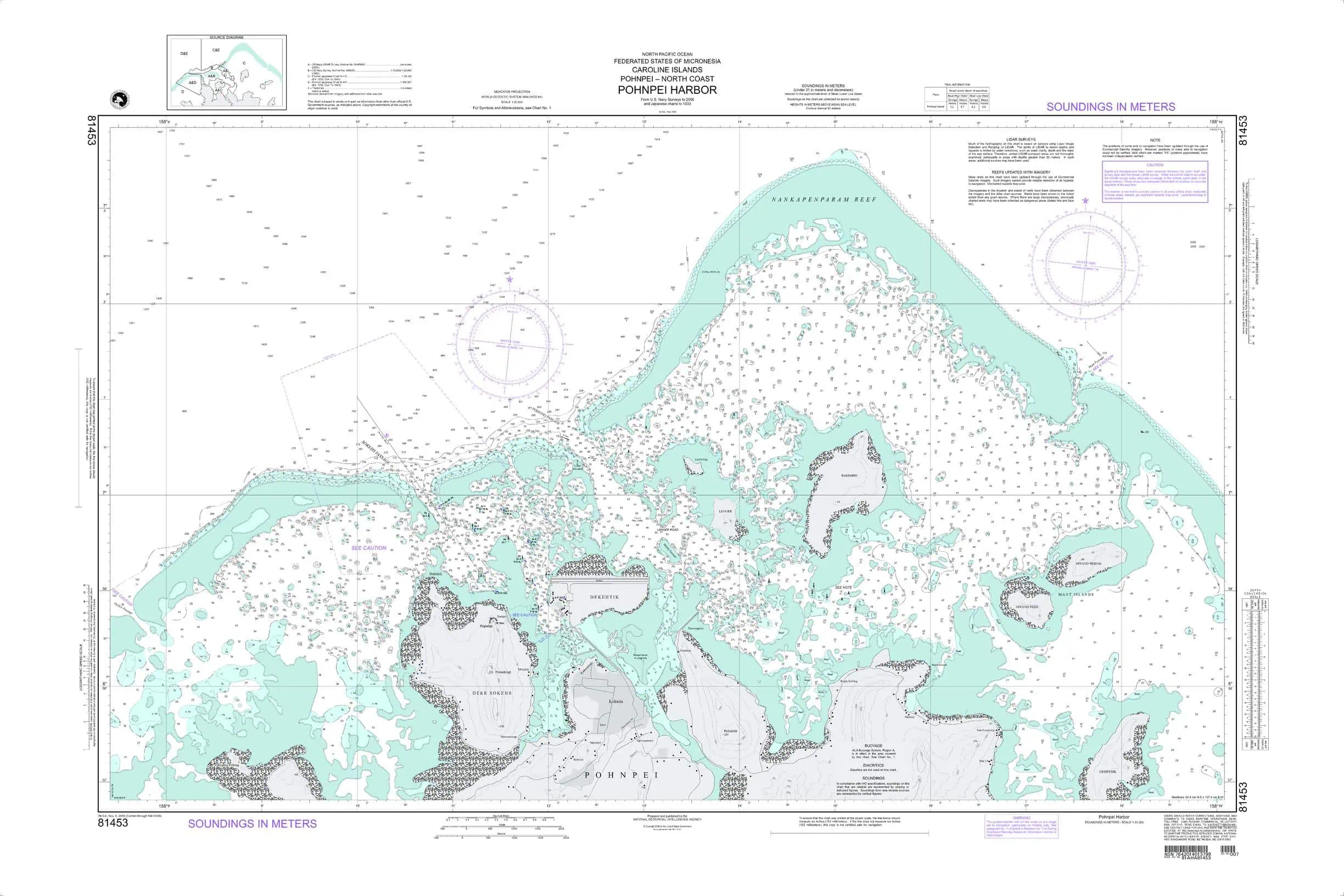 Detailed nautical chart of Pohnpei Harbor, Micronesia, featuring underwater topography, reef structures, and shipping navigation routes for maritime mapping and navigation.