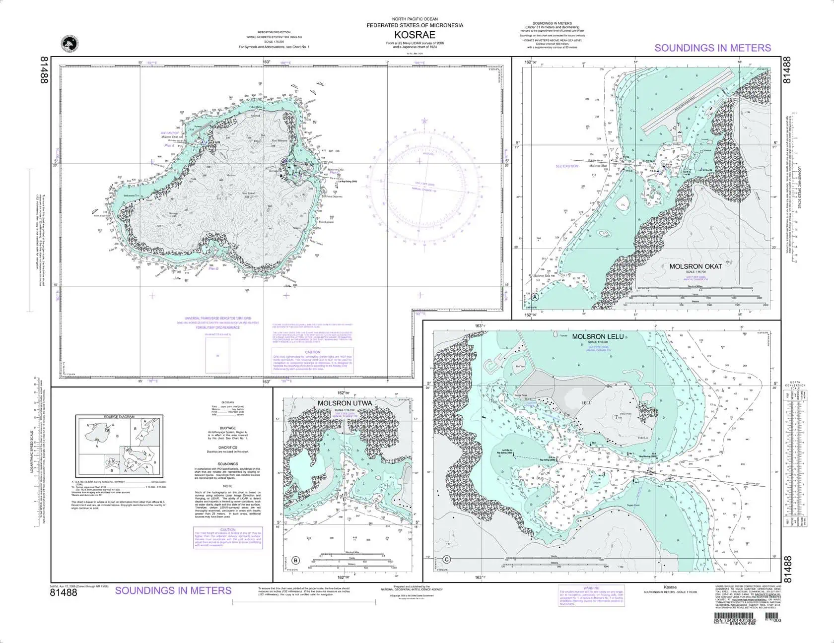 North Pacific Ocean nautical chart of Kosrae with detailed bathymetry and soundings for maritime navigation.