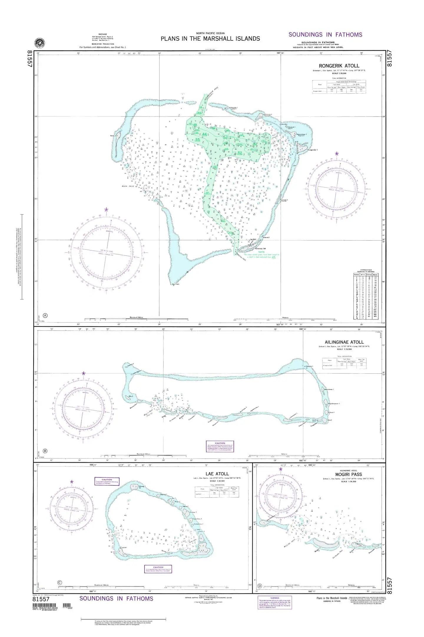 Plans of underwater topography and soundings charts for the Marshall Islands atolls including Rongerek Atoll, Allunginae Atoll, Lae Atoll, and Mogiri Pass, used for maritime navigation and marine research.