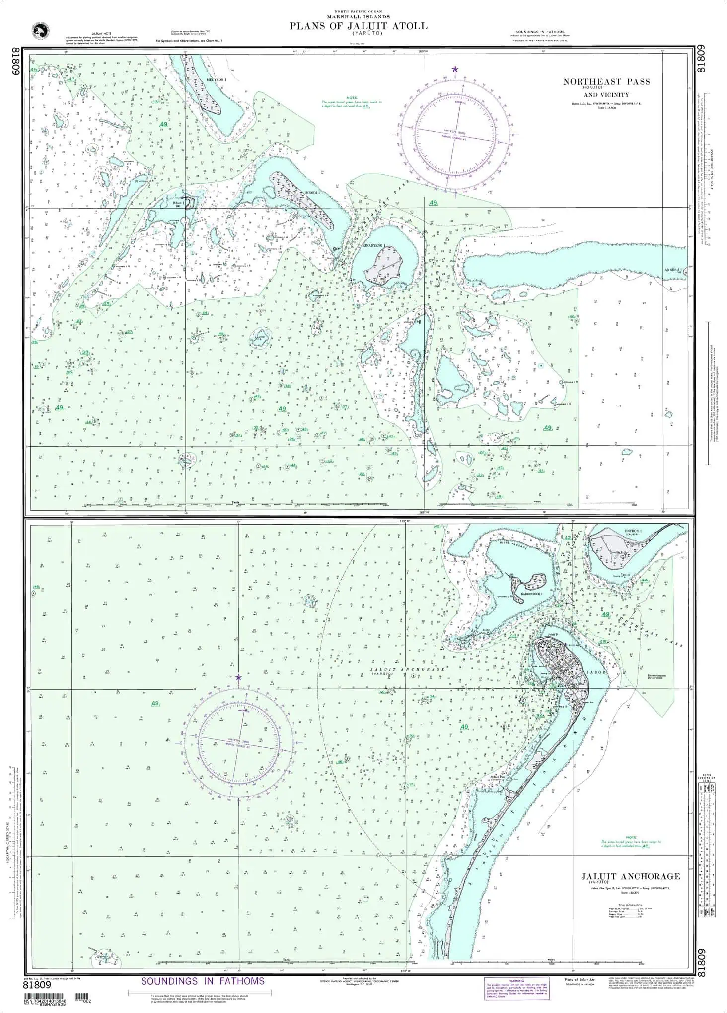 Nautical charts of Jaluit Atoll and Jaluit Anchorage, North Pacific Ocean, showing detailed maritime navigation maps with depths, shipping routes, and geographic features.