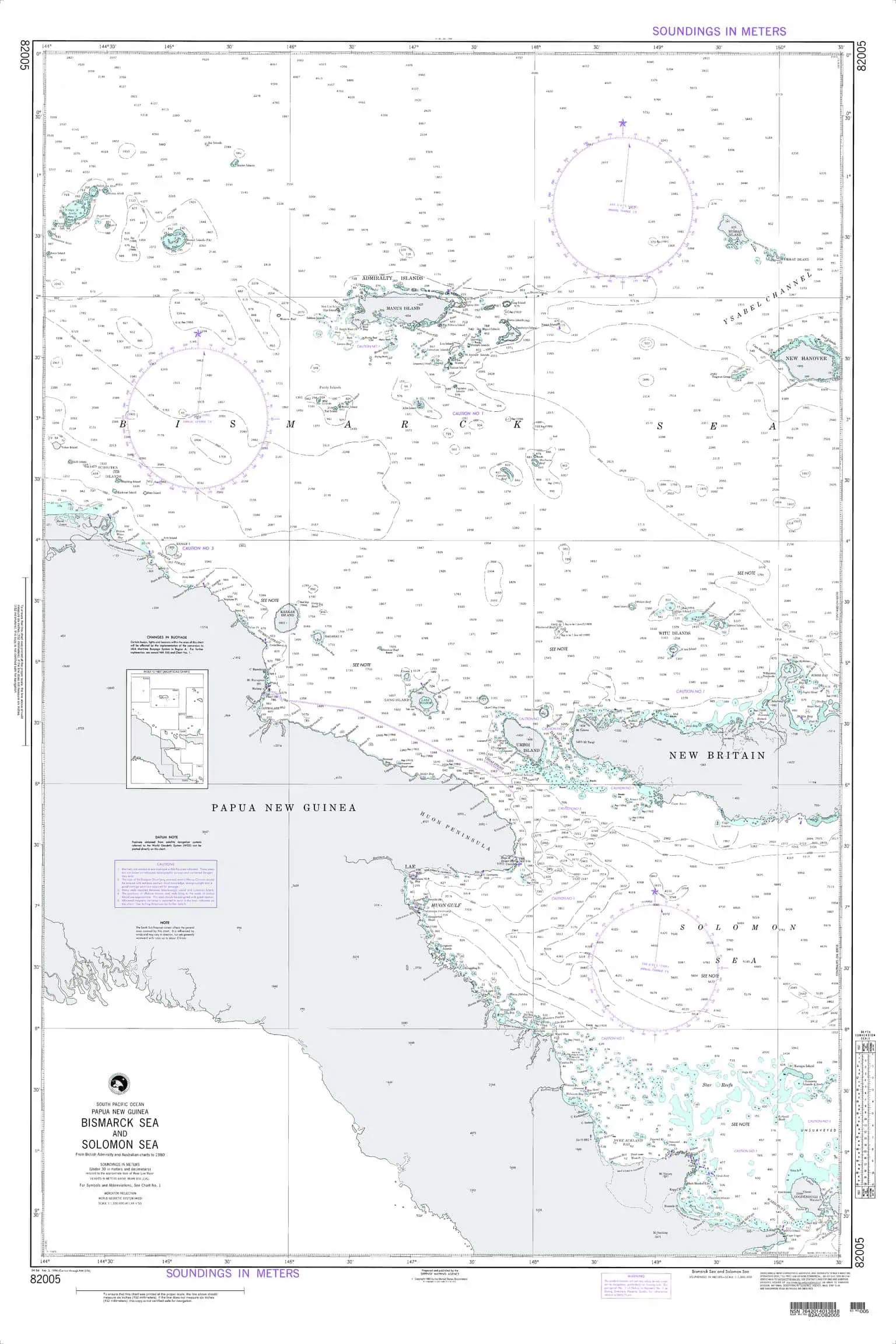 Bismarck Sea and Solomon Sea navigational chart with depth soundings, island locations, and maritime features, perfect for sailors and maritime navigation enthusiasts.