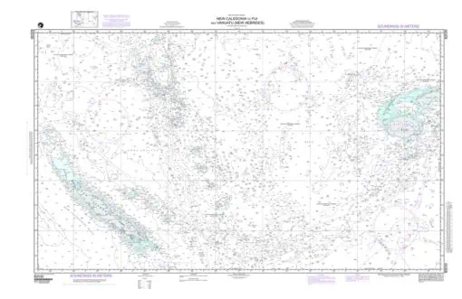 Detailed nautical chart of New Caledonia to Fiji and Vanuatu, featuring seafloor depths, soundings, and navigation aids for maritime navigation.