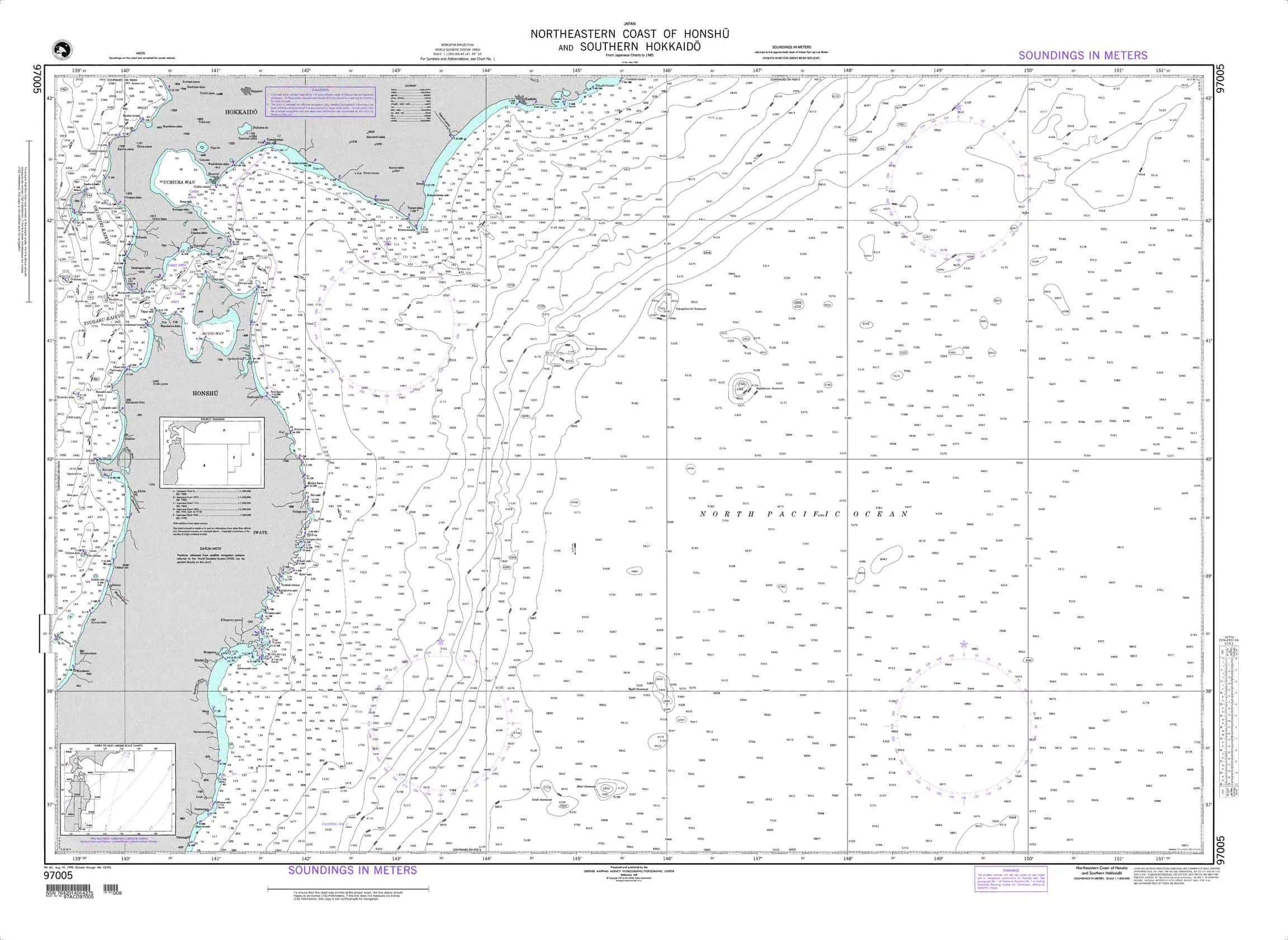 Detailed nautical chart of the northeastern coast of Honshu and southern Hokkaido, featuring soundings in meters for maritime navigation and safety.