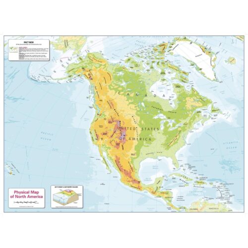 High-quality physical map of North America showing topography, elevation, and geographical features across the continent. Perfect for travelers, educators, and map enthusiasts.