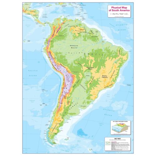 Colorful physical map of South America highlighting mountain ranges, river basins, and major geographic features for accurate navigation and regional exploration.