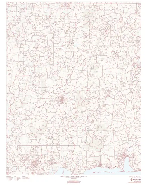 Map of Mississippi ZIP code boundaries showing detailed postal regions and city layouts for accurate navigation and postal services.
