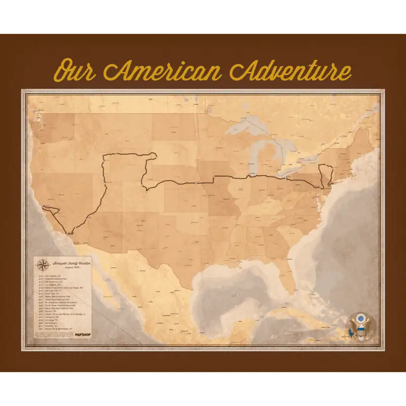 Vintage American adventure map, detailed US travel and road maps, national parks, landmarks, travel planning, American road trip cartography, The Map Shop.