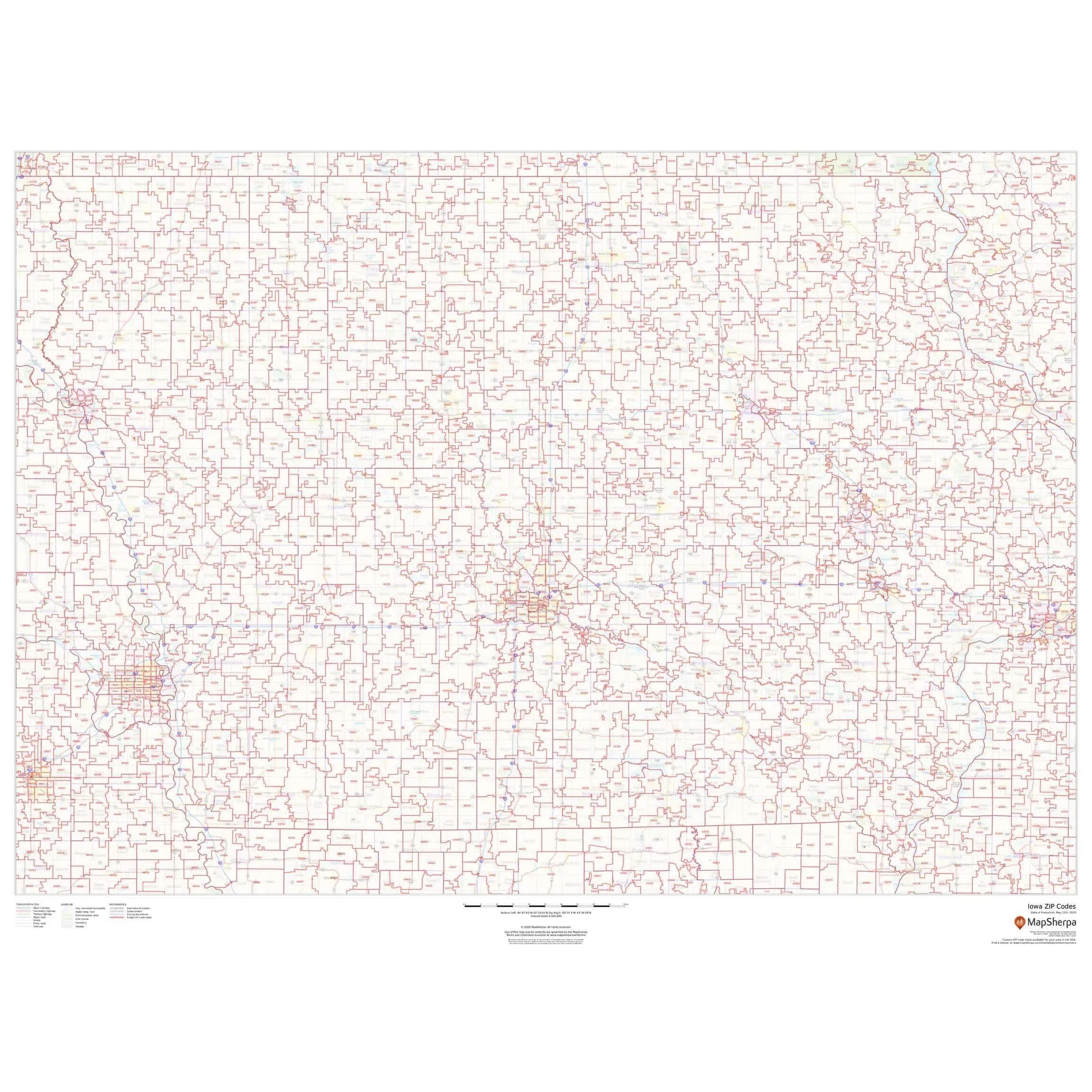 Detailed Iowa ZIP code map with borders and water features, ideal for navigation, logistics, and geographical analysis. MapShop provides high-quality, accurate maps for travel, planning, and educational purposes.
