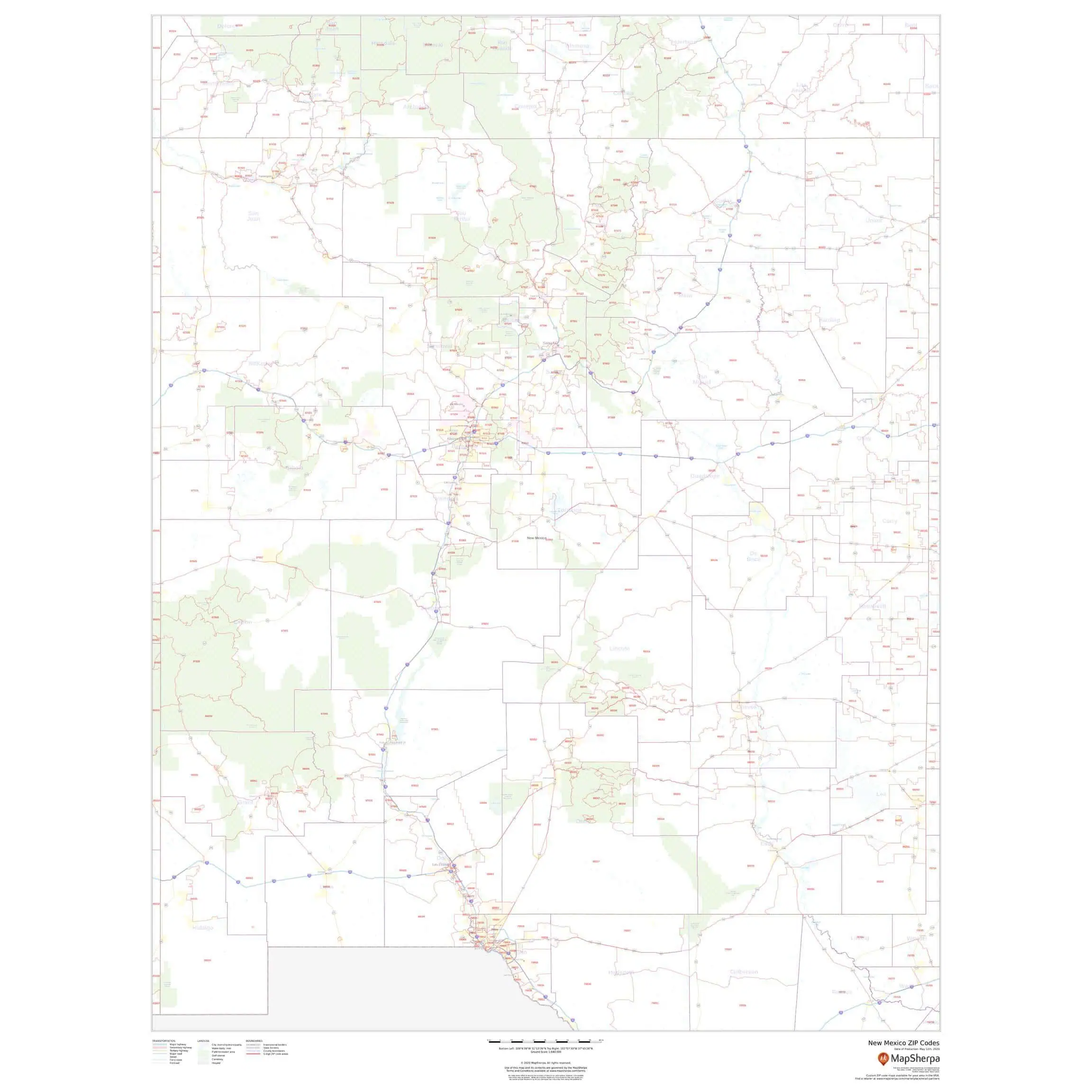 Map of New Mexico with ZIP code boundaries and transportation routes, provided by The Map Shop for detailed geographic and mapping needs.