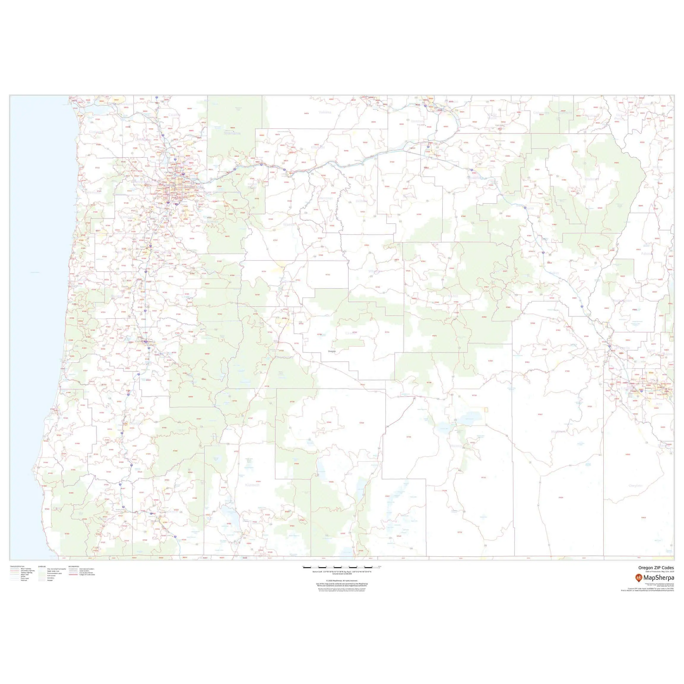 Oregon ZIP code map by The Map Shop, featuring detailed boundaries and geographic information for travelers and map enthusiasts.