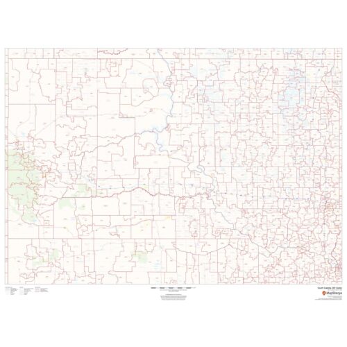 Detailed South Dakota ZIP code map from The Map Shop, showing county boundaries, rivers, and city layouts for efficient navigation and geographic reference.