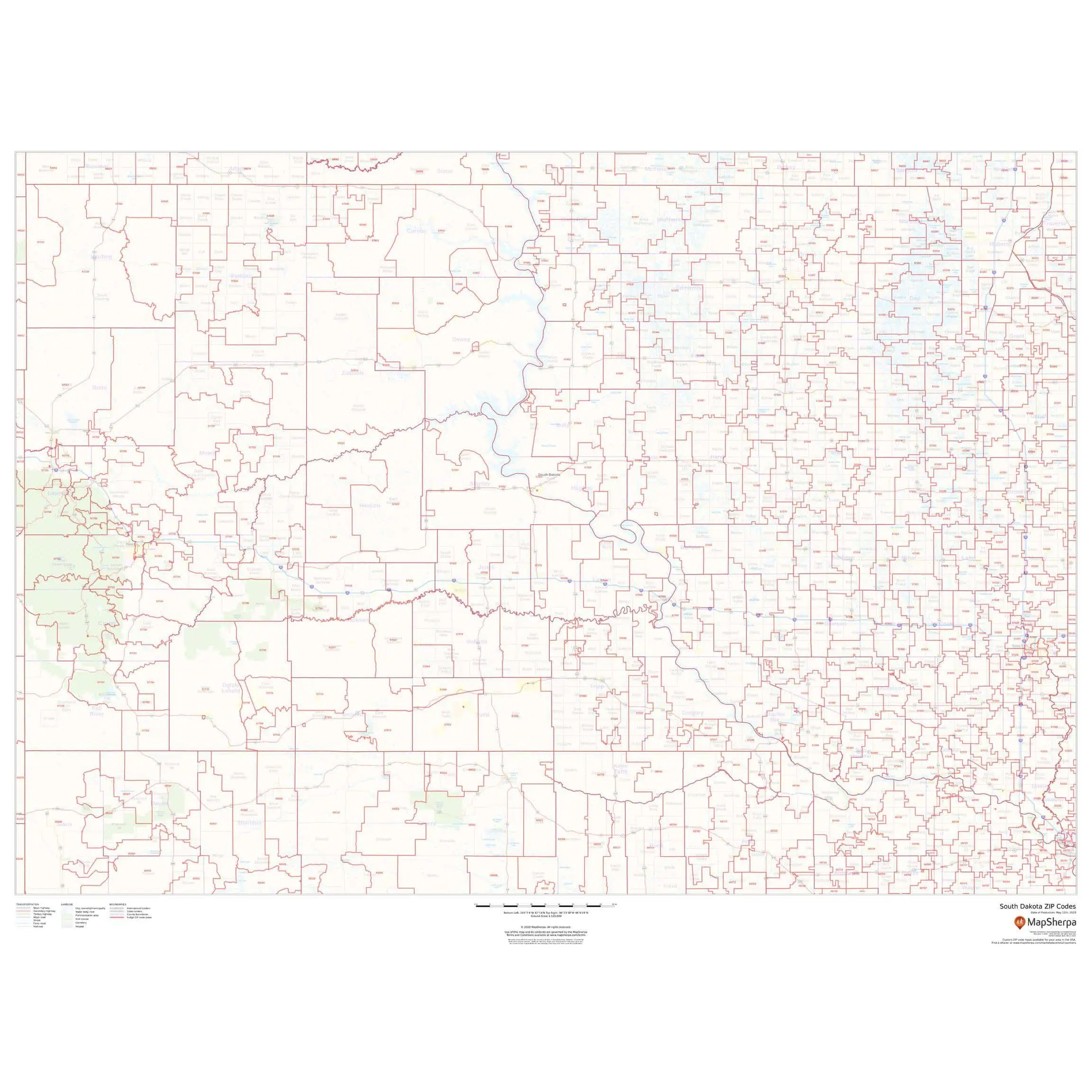 Detailed South Dakota ZIP code map from The Map Shop, showing county boundaries, rivers, and city layouts for efficient navigation and geographic reference.