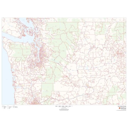 Detailed Washington state map showing ZIP code boundaries and geographic features from The Map Shop, ideal for travel, navigation, and location planning.
