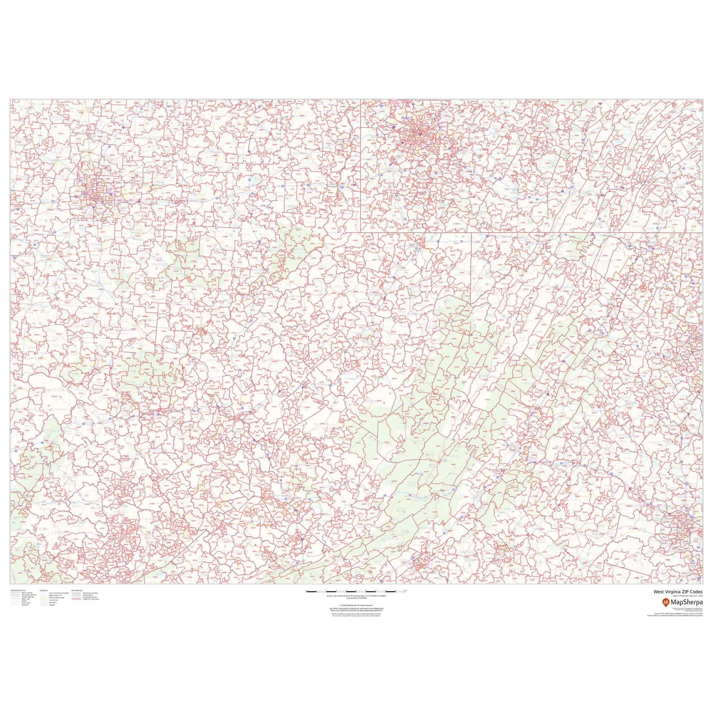 Detailed West Virginia ZIP code map from The Map Shop, showcasing accurate postal boundaries, roads, and geographic features for navigation and planning.