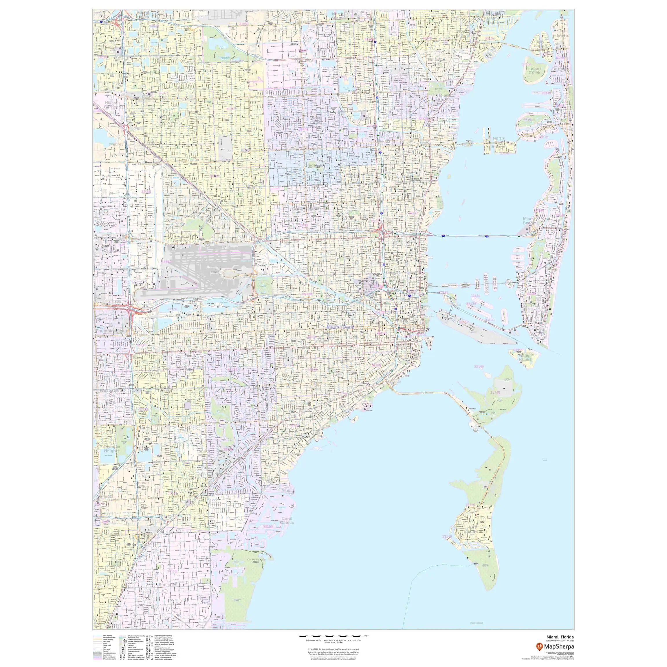Maps of Miami Florida street and city layout, detailed city map with roads, waterways, and neighborhoods for navigation and travel planning, ideal for travelers and residents.