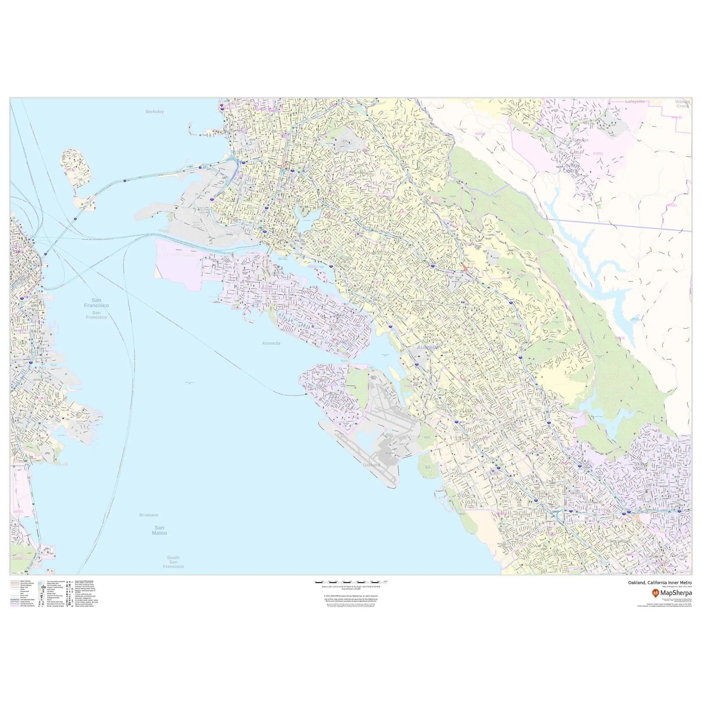 San Francisco Bay Area street map with detailed city neighborhoods, highways, and landmarks for navigation and geographic reference.