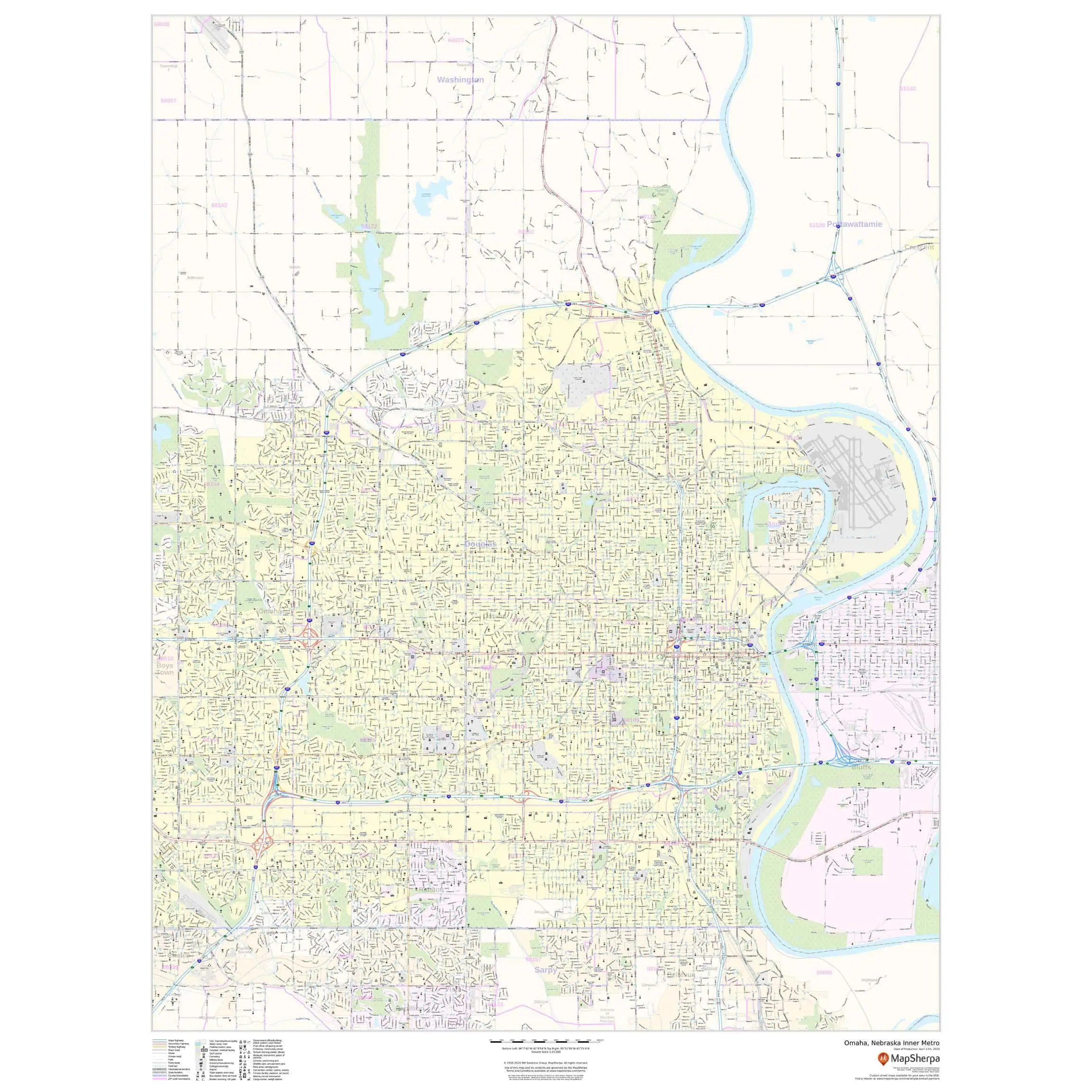 Map of Omaha, Nebraska inner metro area with detailed streets and highways for navigation and geographic reference.