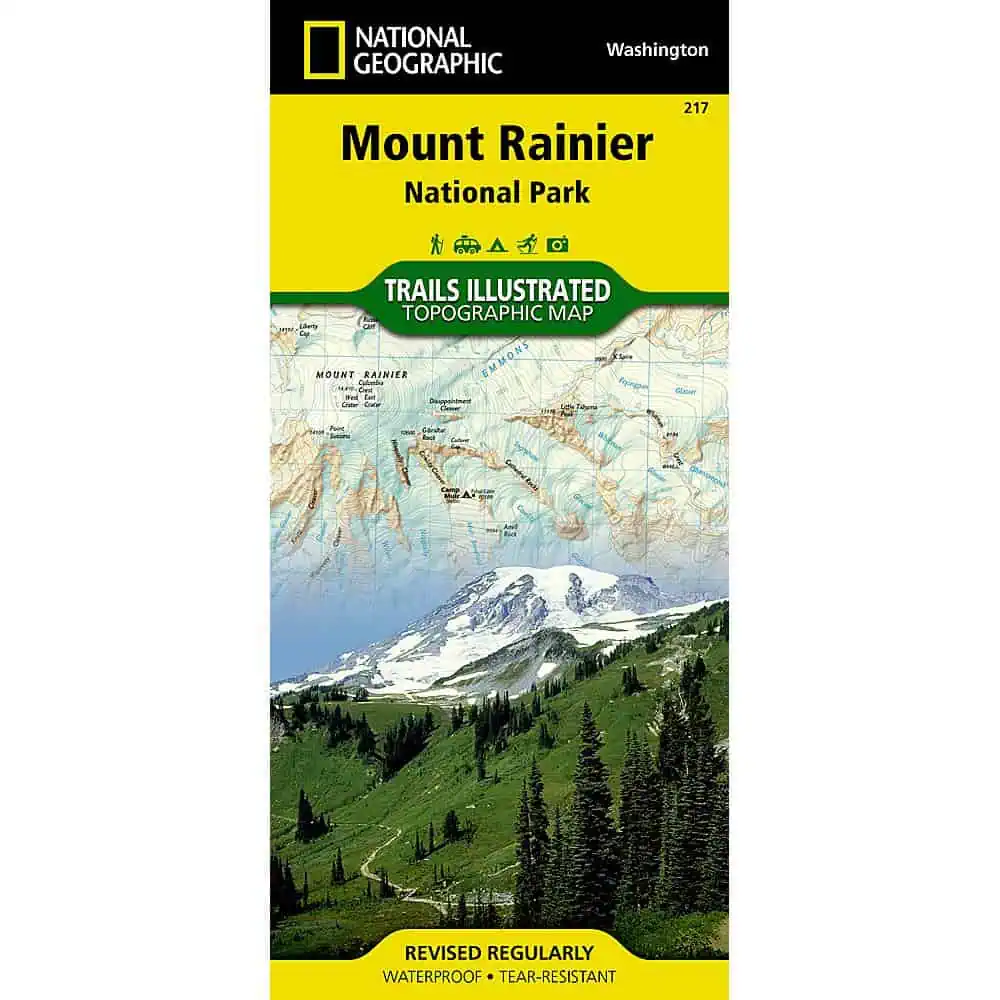 Detailed topographic map of Mount Rainier National Park with hiking trails, elevation contours, and scenic views of Mount Rainier, ideal for outdoor enthusiasts and trail explorers.