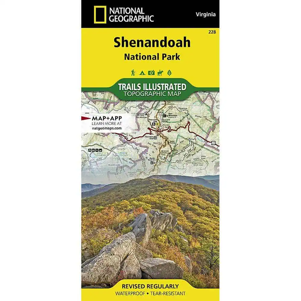 Shenandoah National Park topographic map featuring trails, hiking, outdoor activities, and scenic views, suitable for outdoor enthusiasts, hikers, and travel planning.
