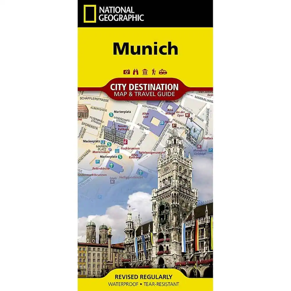 Detailed map of Munich featured on a travel guide with landmarks, streets, and transportation options for tourists exploring the city of Munich, Germany.