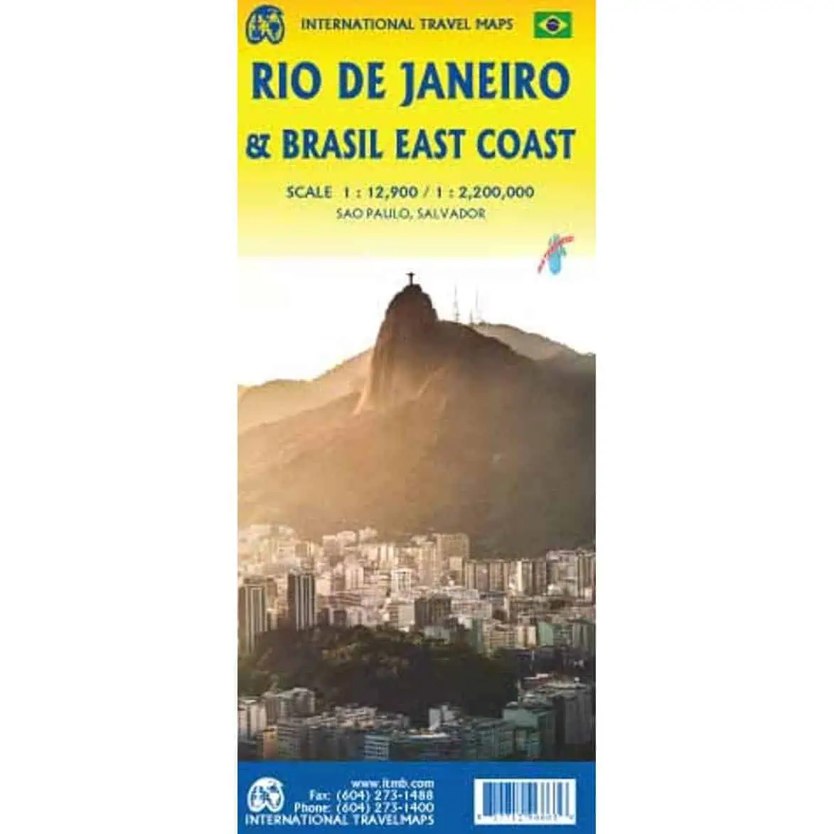 Rio de Janeiro Brazil travel map, featuring Customs House Statue atop Sugarloaf Mountain and cityscape, ideal for international travel planning and navigation.