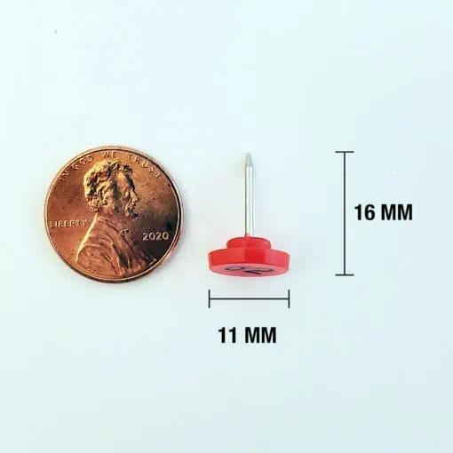 Miniature pushpin next to a US penny for size comparison, showing dimensions of 16mm in height and 11mm in width, ideal for detailed map marking and navigation purposes.