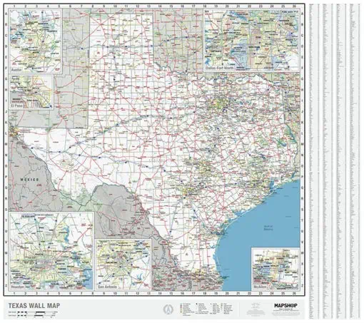 Detailed Texas wall map with major cities, highways, and landmarks, perfect for travel planning and navigation.