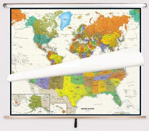 Detailed world map on a pull-down classroom chart, highlighting countries and continents for educational purposes and geographic learning.