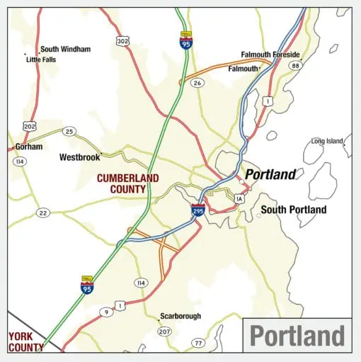 High-quality road map of Portland Oregon area including Cumberland County, highlighting highways and surrounding towns, perfect for travelers, map enthusiasts, and local navigation.