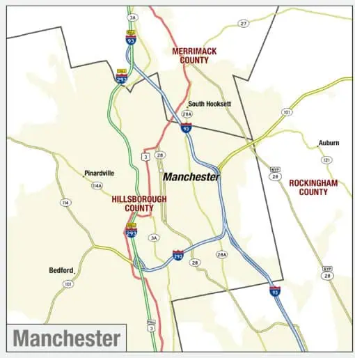 Interstate highway map of Manchester, New Hampshire, highlighting major routes, counties, and surrounding areas for accurate travel planning and navigation.