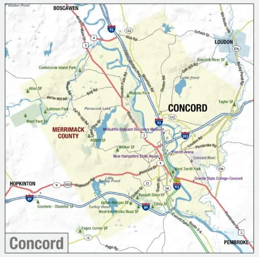 Maps of Concord and Merrimack County with roads, parks, landmarks, and points of interest in New Hampshire for navigation and travel planning, avalailable from The Map Shop.