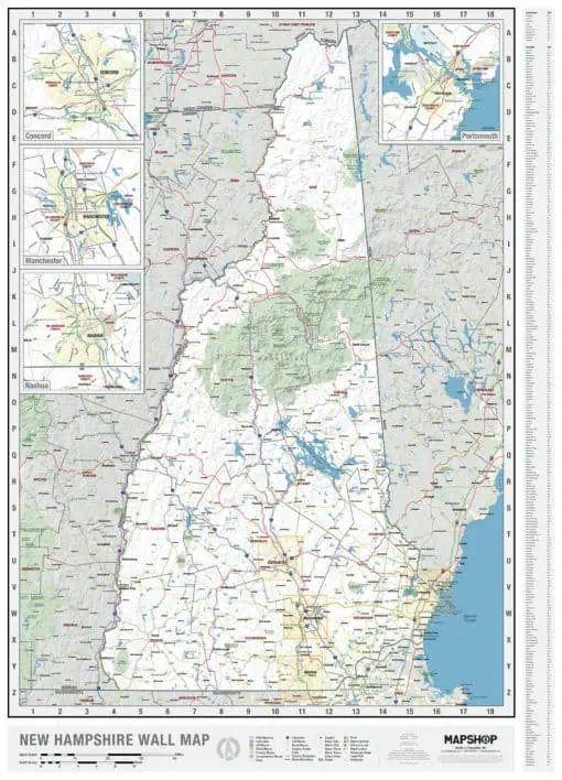 High-resolution New Hampshire Wall Map showing highways, cities, parks, lakes, and landmarks for detailed navigation and travel planning. Perfect for residents, visitors, and outdoor enthusiasts.