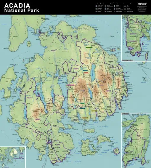 ACADIA National Park detailed topographic map showing lakes, trails, campgrounds, and scenic viewpoints, ideal for outdoor enthusiasts and travelers planning their visit.