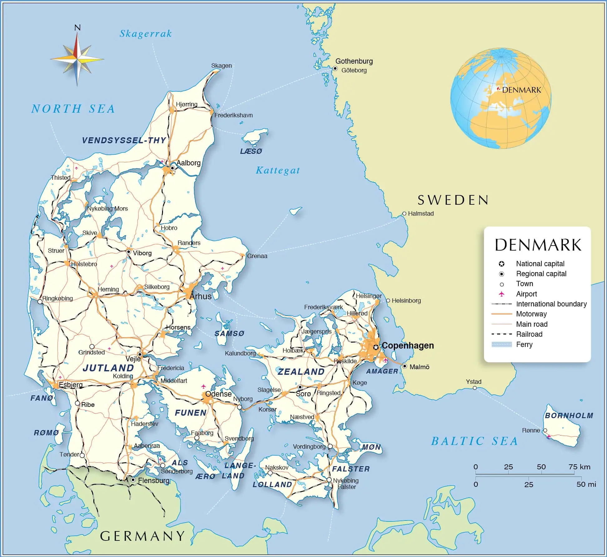 A detailed map of Denmark highlighting major cities, transportation routes, and geographic features, perfect for travel planning, geographic studies, and regional exploration.