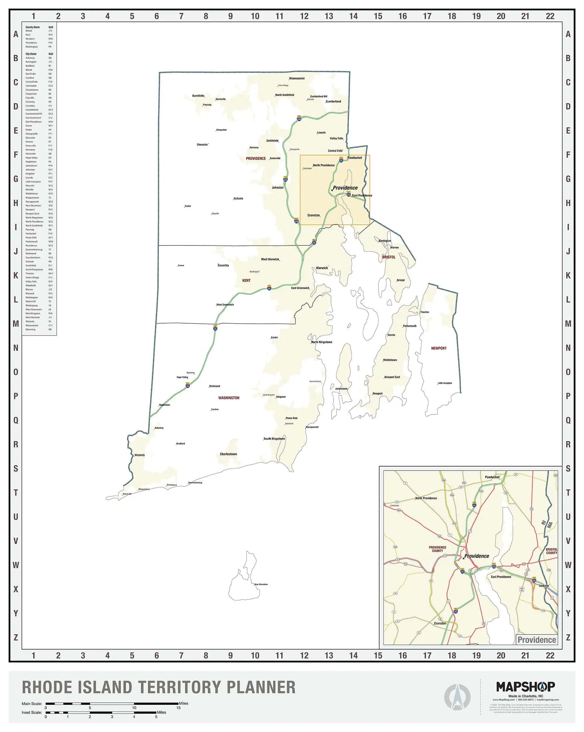 Rhode Island map with detailed city and highway layout, highlighting Providence, Newport, Warwick, and other key locations, perfect for navigation and travel planning.