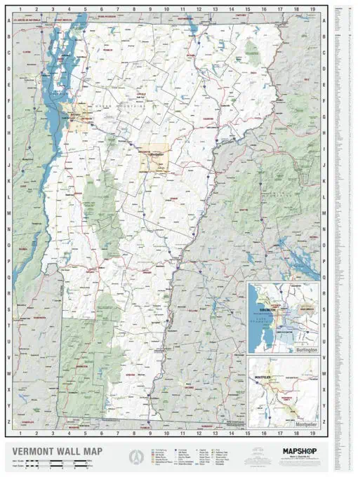 Vermont Wall Map with detailed geographic features, highways, parks, and city boundaries for accurate navigation and travel planning. Ideal for travelers, residents, and outdoor enthusiasts.