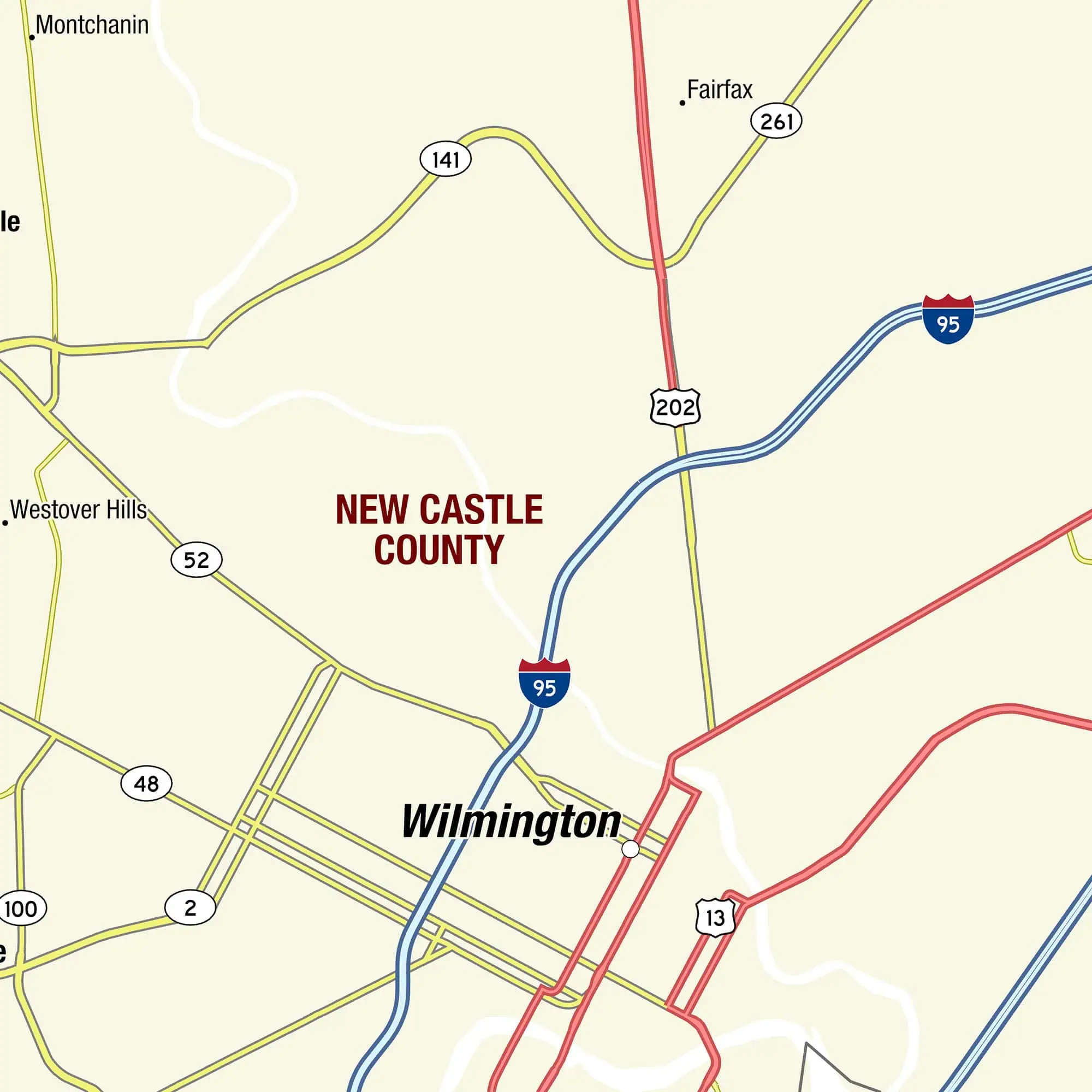 Route map highlighting New Castle County, Wilmington, major highways, and roadways for accurate navigation and map identification.