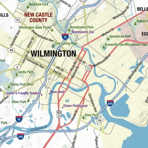 Detailed Wilmington city map highlighting parks, streets, and landmarks for accurate navigation and travel planning. Ideal for visitors, tourists, and locals seeking detailed geographic information.
