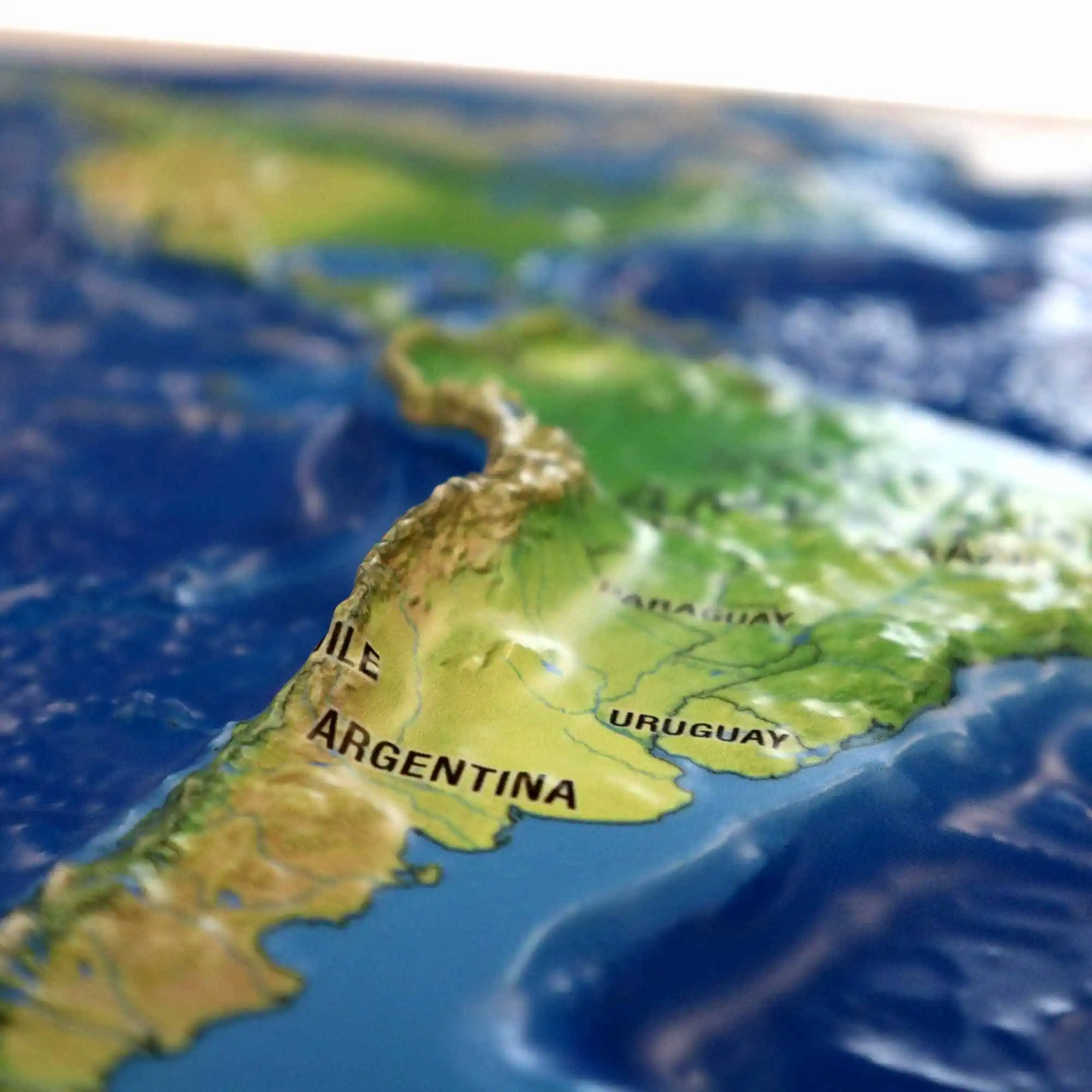 Detailed map of Argentina, Uruguay, and surrounding regions showing country borders, topography, and geographic features. Perfect for travel planning, geographic reference, and educational purposes.