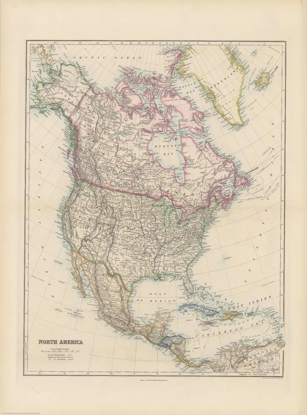 North America vintage map, detailed geographical illustration of the United States, Canada, and Mexico, showcasing historical cartography and regional borders.