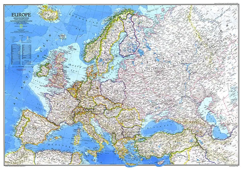 Detailed vintage map of Europe from 1983, showcasing country borders, cities, and geographical features, ideal for historical reference and geographic exploration.