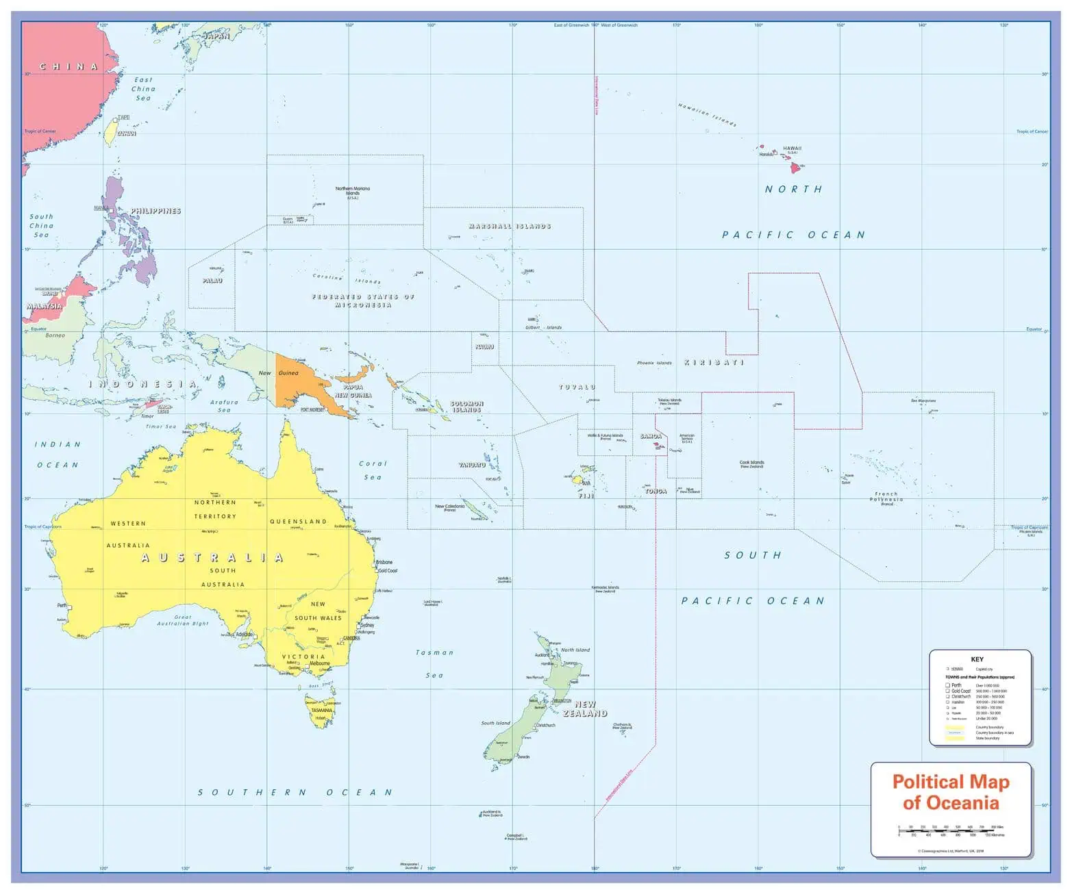 JXIZ-b4G-gZI - An educational political map of Oceania showing countries, territories, and major islands with clear borders and labels, ideal for geographic reference, travel planning, and educational purposes.