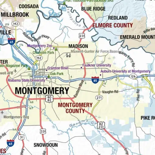 Montgomery Alabama detailed city map highlighting highways, parks, universities, and local attractions for travel and navigation.