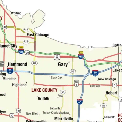 Highway map of Lake County featuring major roads, towns, and interstates in the Chicago area, ideal for navigation, travel planning, and geographic reference.