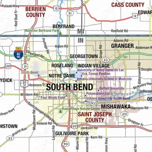 Detailed map of South Bend, Indiana and surrounding areas, highlighting neighborhoods, parks, universities, and major highways for accurate navigation and geographic reference.