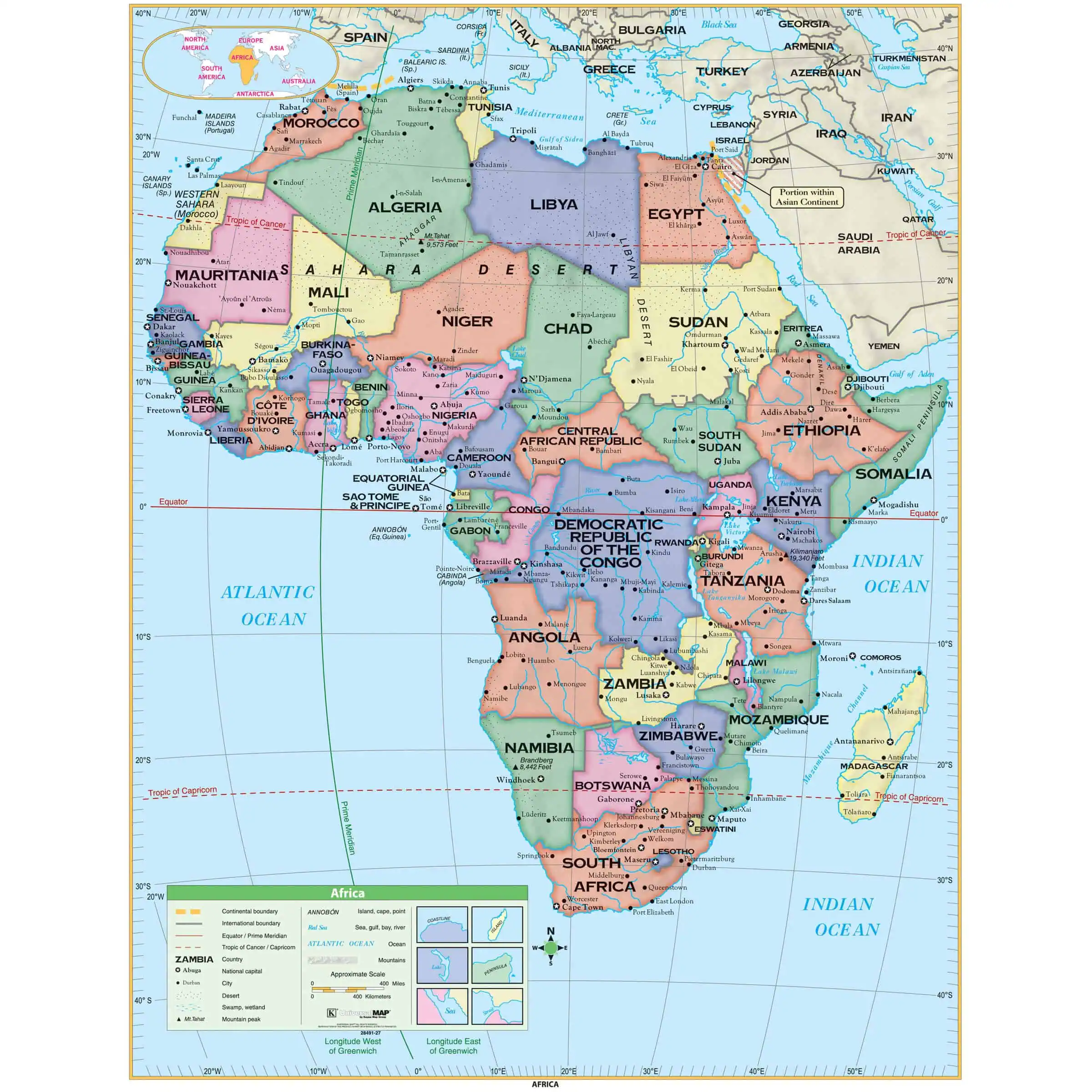 Africa political map showing country borders, capitals, and major cities from The Map Shop. Ideal for travel, educational purposes, and geographic research.