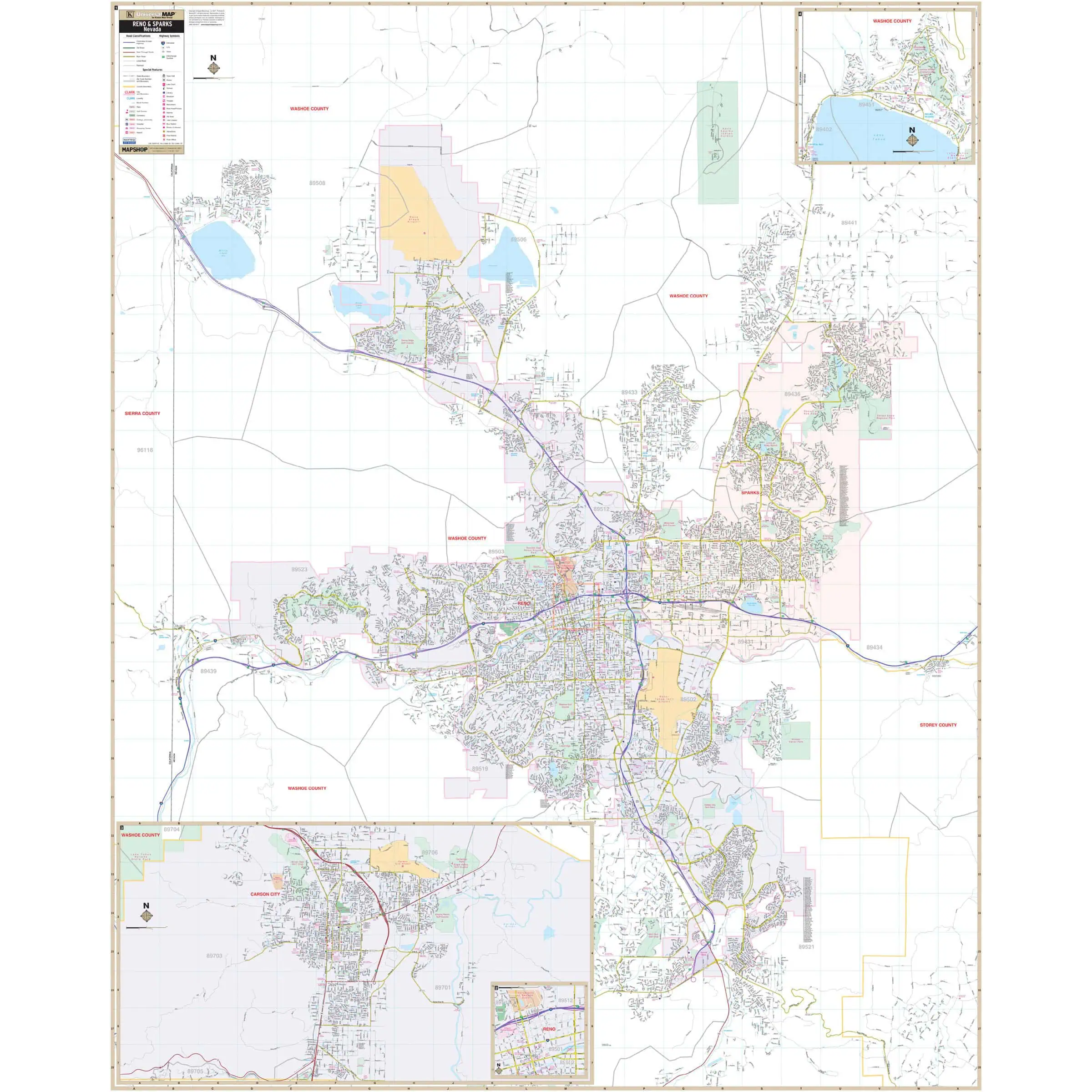 Detailed map of Reno and Sparks, Nevada with streets, lakes, and landmarks for travel planning and navigation.