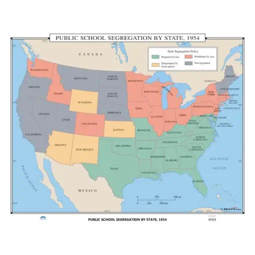 Public school segregation map of the United States in 1954 showing states with required, prohibited, and optional segregation policies.